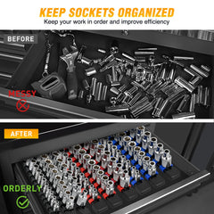 GOOACC socket rail in-drawer storage close-up illustrating compact organization