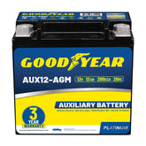 Goodyear AUX12-AGM battery front view for versatile vehicle fit and reliable starts