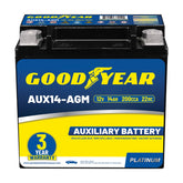 Goodyear AUX14-AGM battery front view showing compact design for versatile mounting