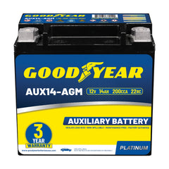 Goodyear AUX14-AGM battery front view showing compact design for versatile mounting