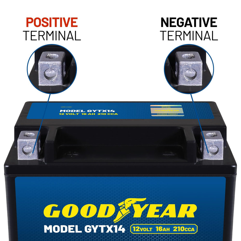 Goodyear GYTX14-12V label highlights 210 CCA and safety features