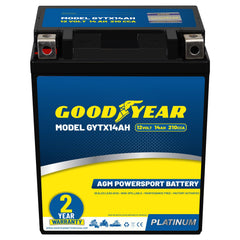 Goodyear GYTX14AH top view highlights compact, versatile power for motorcycles.