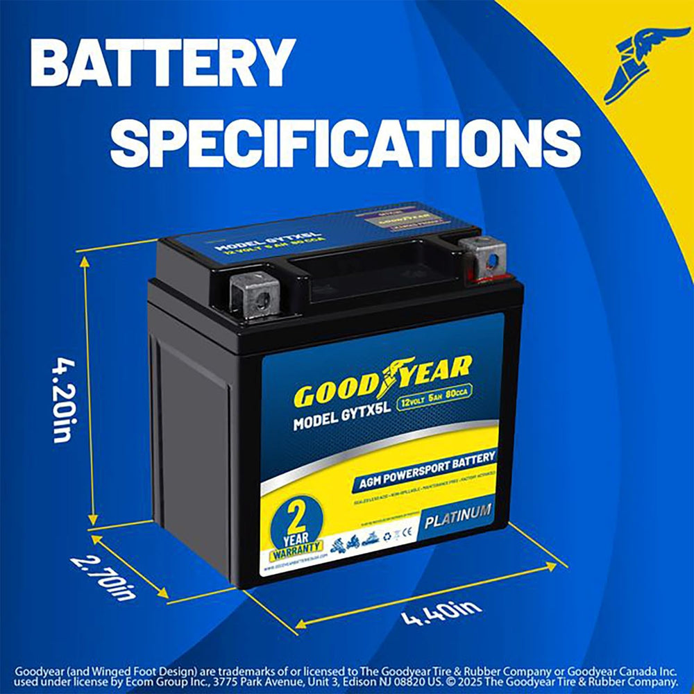 Goodyear GYTX5L rear view battery highlights sealed construction for reliable mounting
