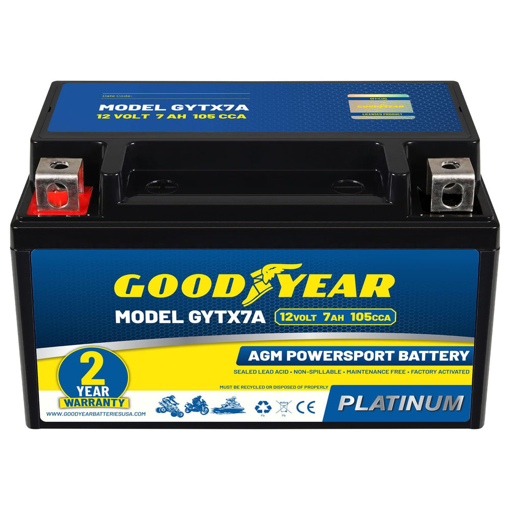 Goodyear GYTX7A front view battery for easy installation in diverse vehicles.