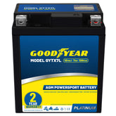 Goodyear GYTX7L front view, compact AGM battery for bikes and ATVs.