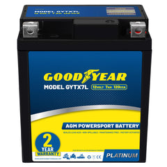 Goodyear GYTX7L front view, compact AGM battery for bikes and ATVs.
