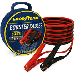 Goodyear 2-gauge booster cables connected for quick jump-start