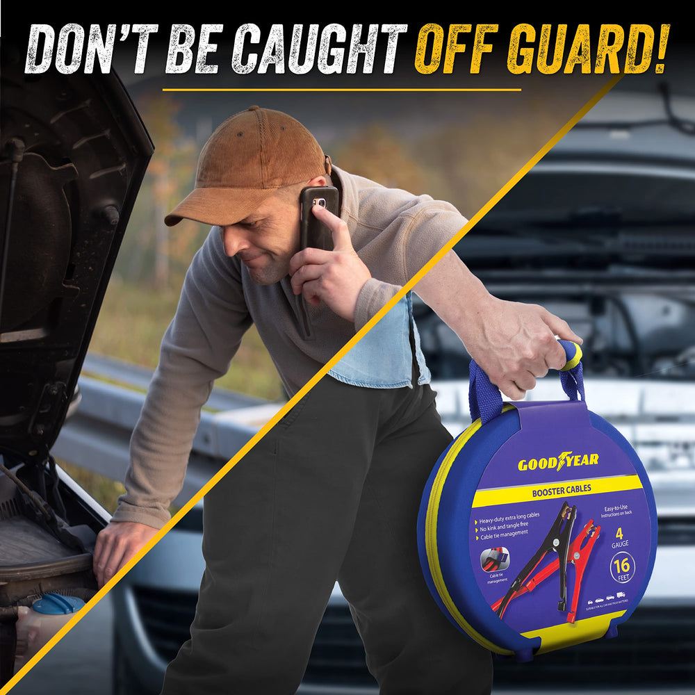 Goodyear 20ft booster cables in durable carrying case for easy storage.