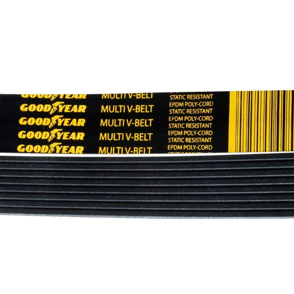 Goodyear serpentine belt features balanced twist polyester cords for consistent tension.