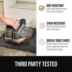GORILLA GRIP boot tray in entryway setup demonstrates versatile indoor/outdoor use.