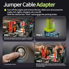 Govel booster cable works with cars, motorcycles, and lawn mowers using Ryobi power.
