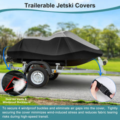 GRABADO jet ski cover left side view highlights 4 windproof buckles for secure fit