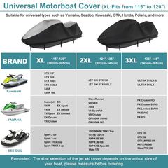 GRABADO universal-fit cover accommodates most 2-3 seater jetskis for broad compatibility.