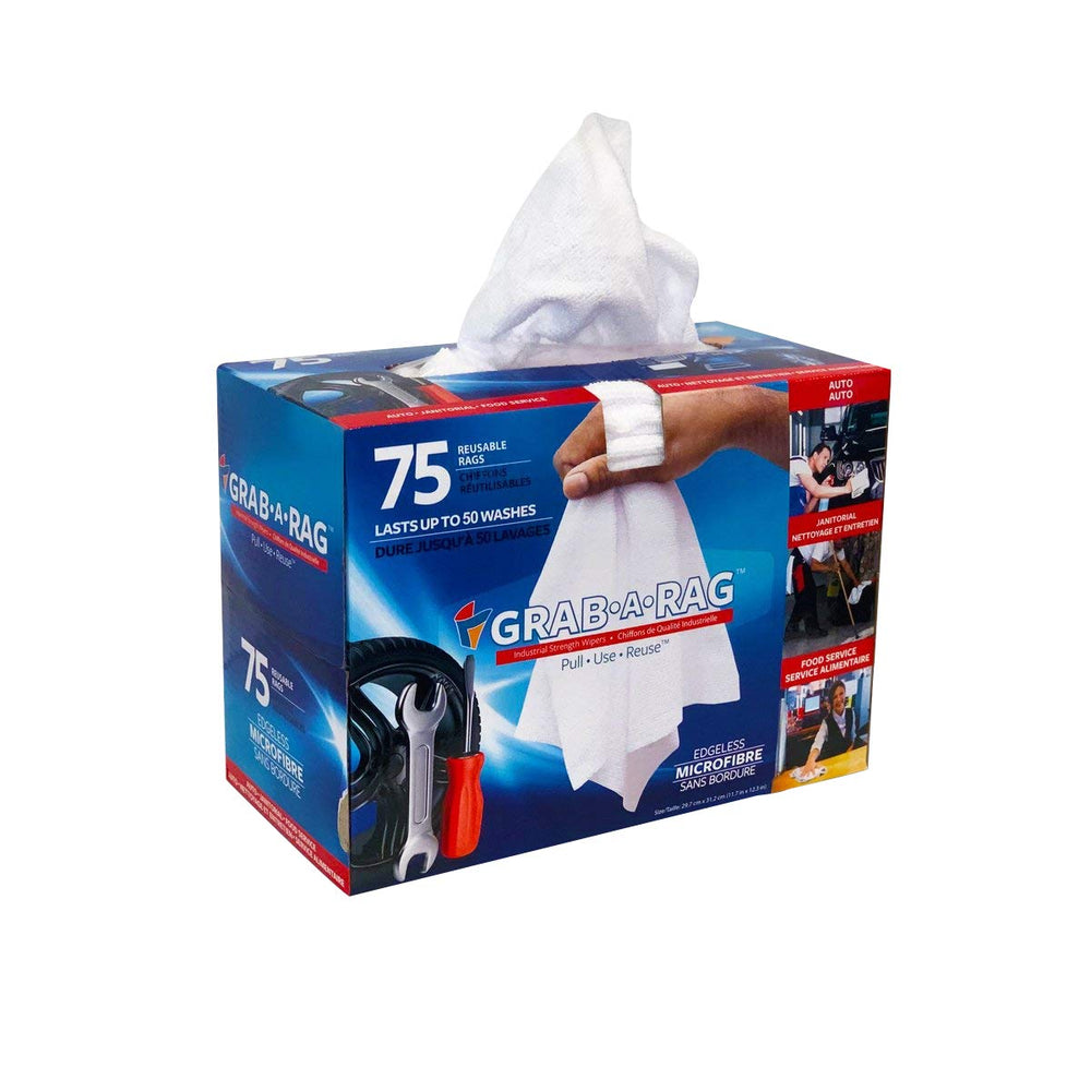 GrabaRag pop-up dispenser with microfiber towels for quick grab-and-go cleaning.