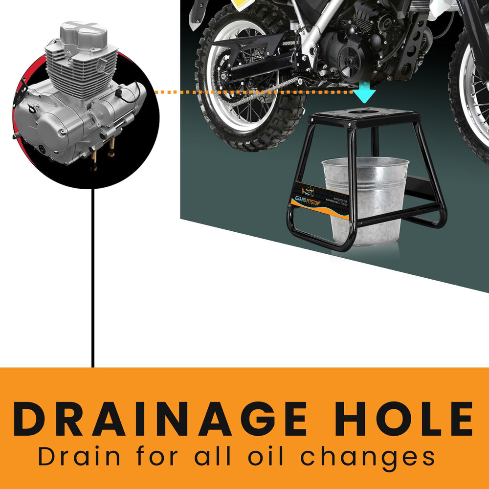 GRAND PITSTOP dirt bike stand in-use for chain lubrication and wheel work