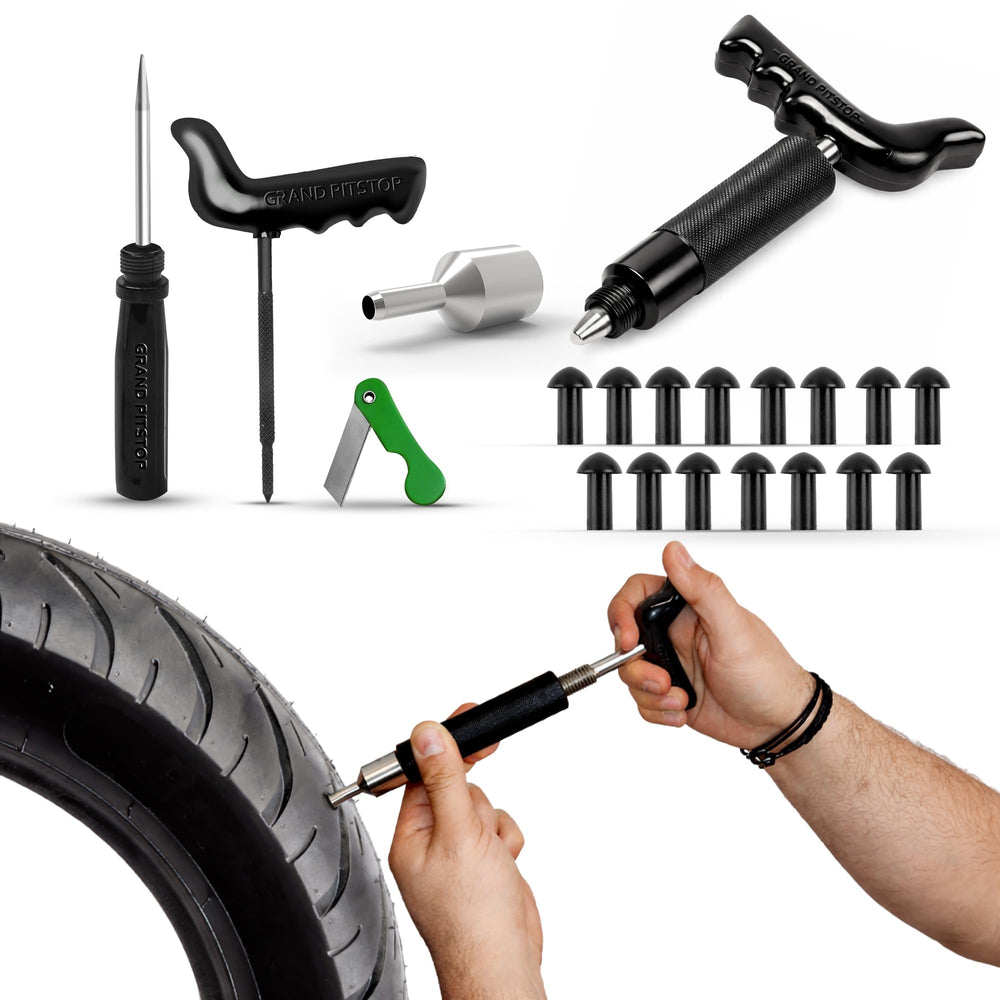 GRAND PITSTOP tubeless tire puncture repair kit ready for on-road fixes.