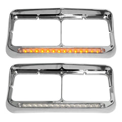 Grandroad Auto headlight bezel chrome visor with 12 LEDs enhances night visibility on Kenworth T400