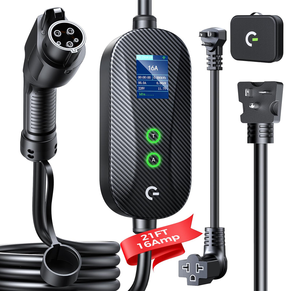Grasside carbon fiber Level 1&2 charger front view; portable charging for home and travel