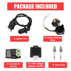 GREHUA package includes CDI box, solenoid, ignition coil, regulator, and A7TC plugs.