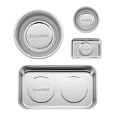 GRENPRO 3-inch round magnetic tray securing small parts on metal surface.