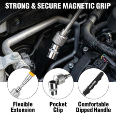 GRENPRO telescoping magnetic pickup tool extended to retrieve fasteners