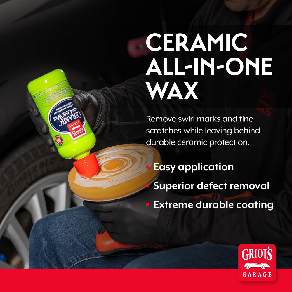 Griot’s Garage Ceramic All-In-One Wax application on a panel for even coverage.