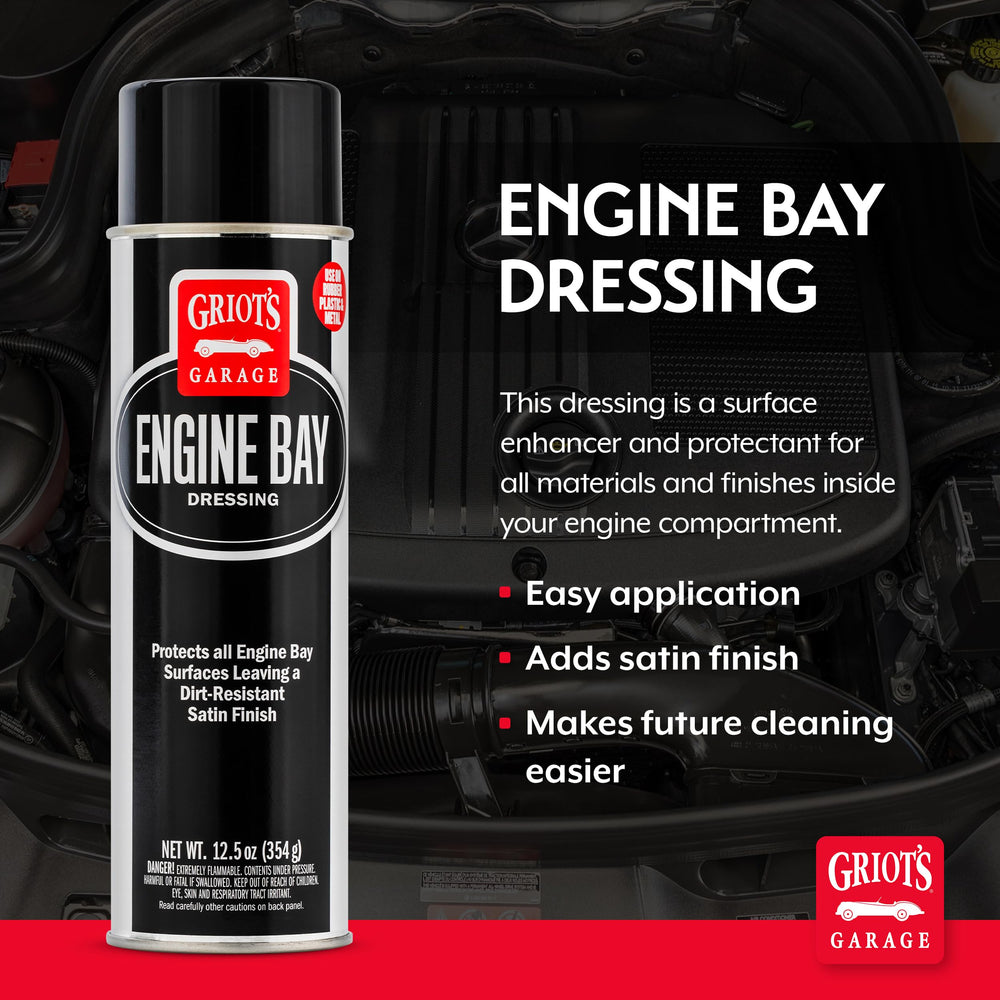 Griot's Garage Engine Bay Dressing before-after highlights restored factory-like appearance with satin to gloss finish.