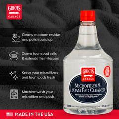 Griot's Garage foam pad cleaner being sprayed to soak and lift polish residue.