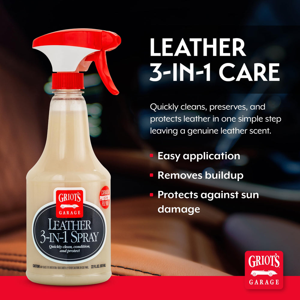 Griot's Garage Leather 3-in-1 spray applying on leather seat for renewed softness.