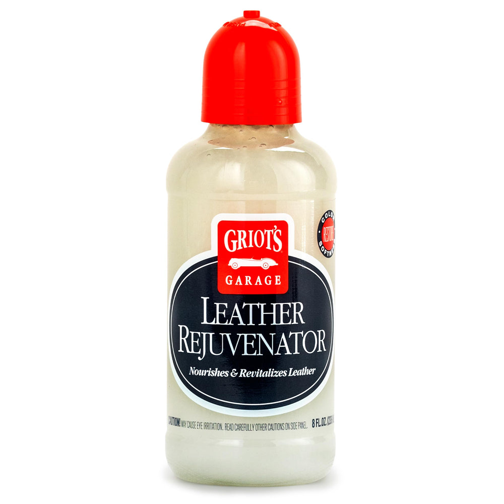 Griot's Garage Leather Rejuvenator bottle for restoring aged leather softness and flexibility