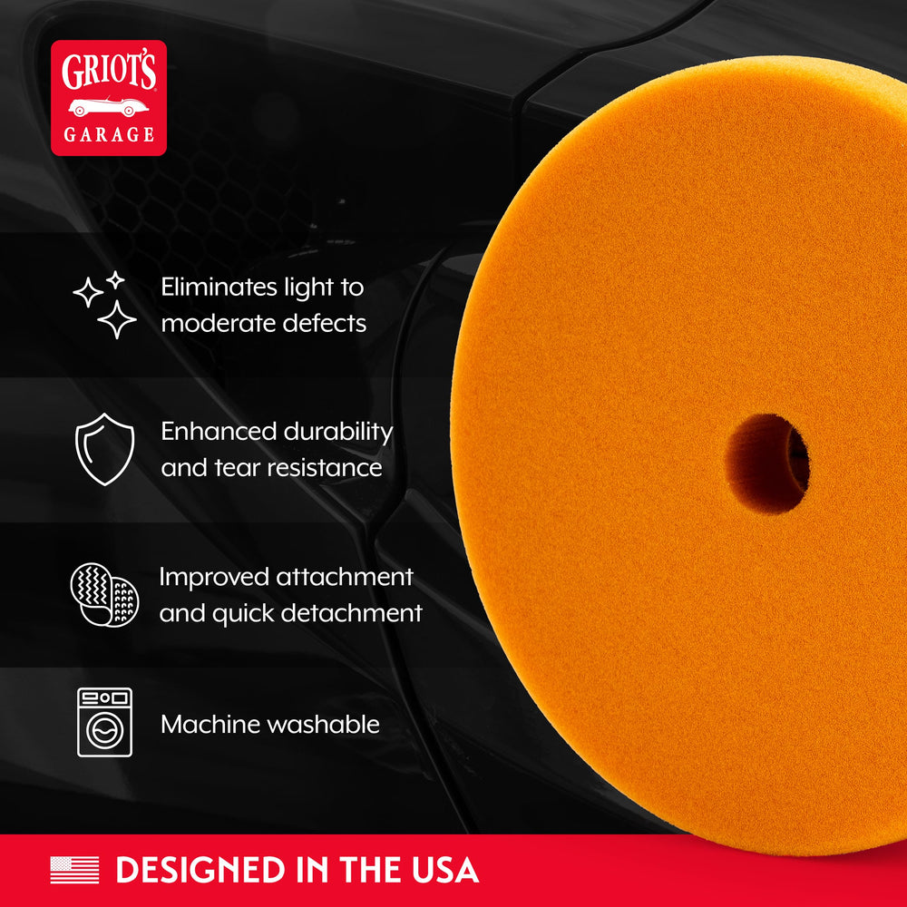 Griot's Garage hook-and-loop attachment keeps pad secure during polishing.