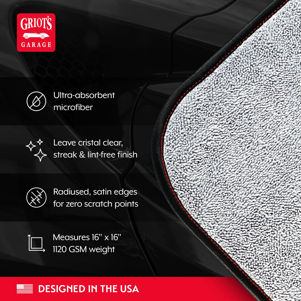 Griot's Garage PFM Terry weave towel with satin edge protects delicate surfaces from scratches.