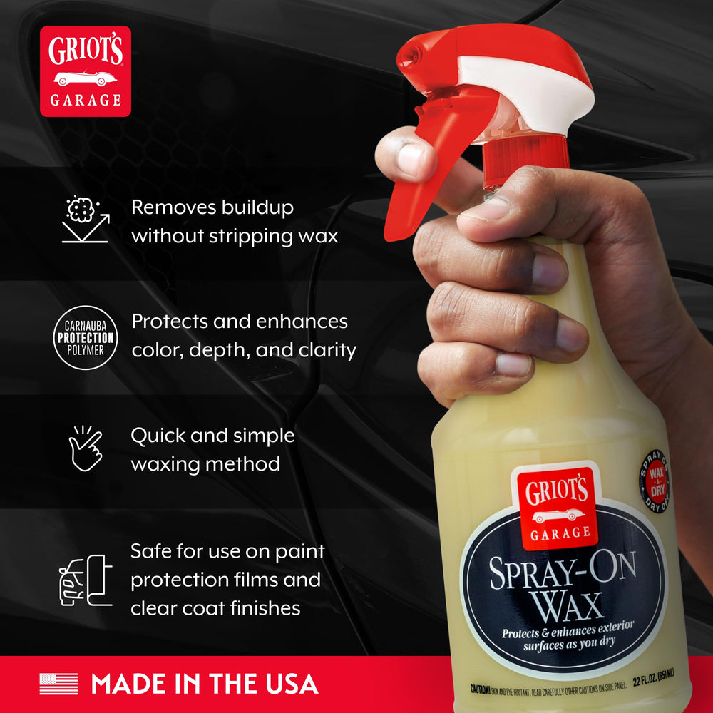 Griot's Garage Spray-On Wax bottle front demonstrates easy spray-on application.