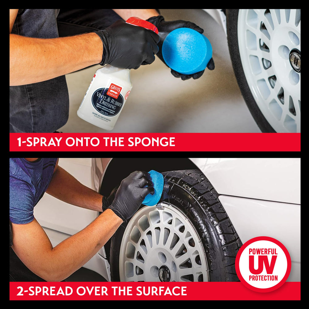 Tire sidewall shine with no greasy residue from Griot's Garage dressing.