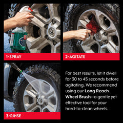 Brake dust removal close-up shows dust loosening and rinsing away for a cleaner finish.