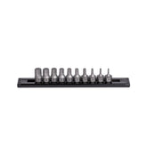 GripEdge 10-Pc RPT hex driver set with compact aluminium rail for organized use.