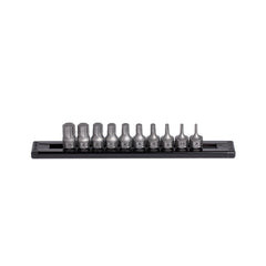 GripEdge 10-Pc RPT hex driver set with compact aluminium rail for organized use.