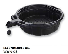 Groz 41960 oil drain pan showing wide lip for spill-free collection during disposal.