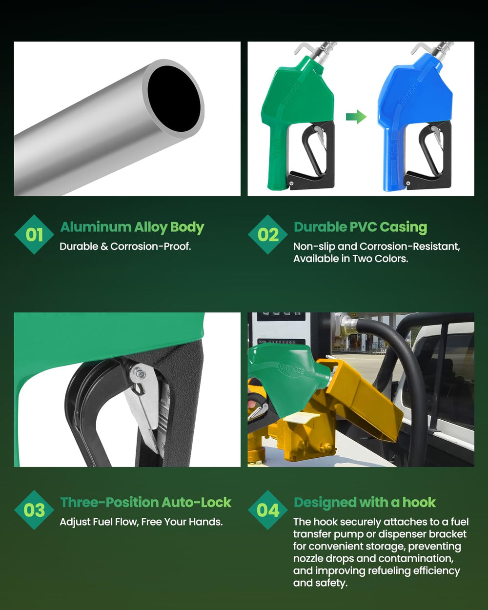 GRYVOZE durable aluminum nozzle resists wear and corrosion in rugged use.