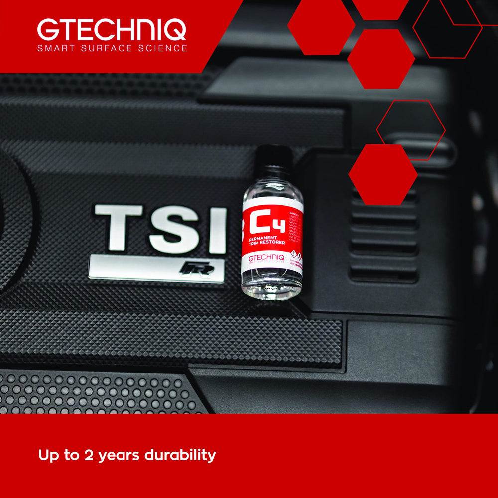 Gtechniq C4 packaging beside glossy black trim on vehicle.