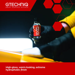 Beading water on a coated panel demonstrates EXO Crystal hydrophobic effect.