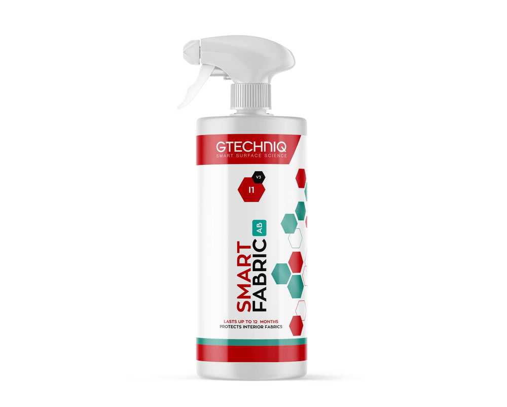 Gtechniq I1 Smart Fabric Protection bottle application demonstrates easy spray-on coverage for interiors.