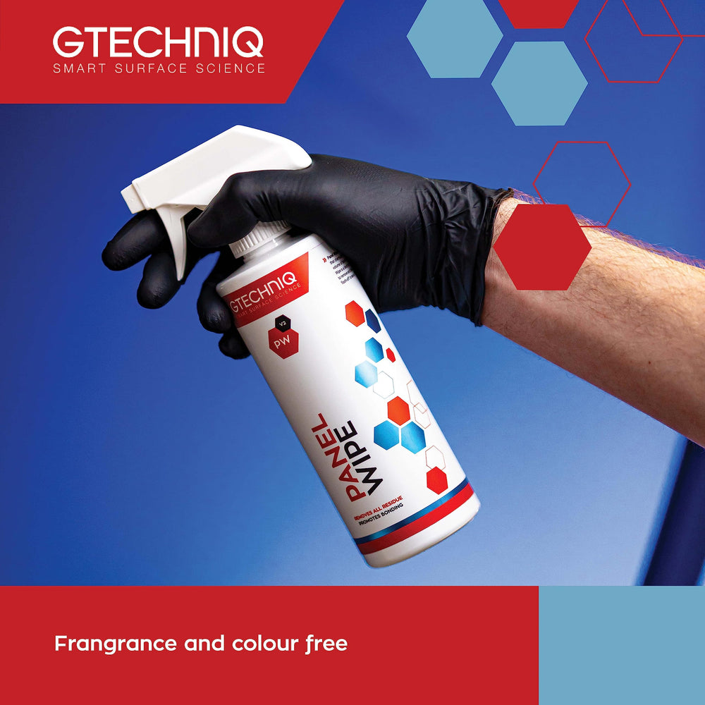 Gtechniq Panel Wipe bottle-closeup highlights fragrance-free, color-free design for safe use