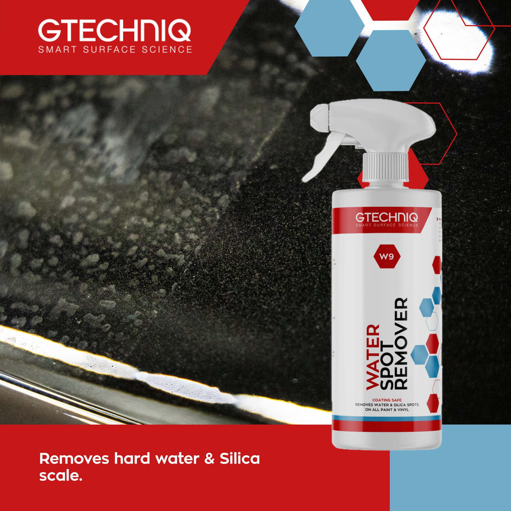 Gtechniq W9 label closeup highlights silica removal benefits for glass surfaces.
