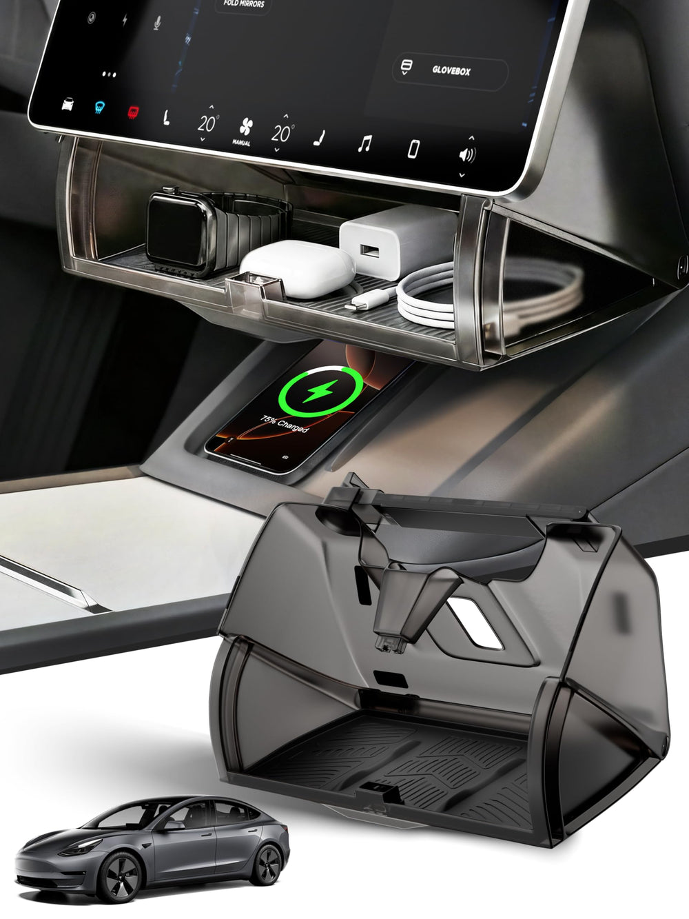 Guaiblue under-screen storage box installed in a Tesla Model Y cabin for organized essentials