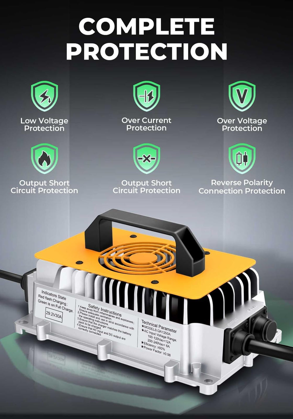 Guanlan 29.2V charger side view with accessible ports and protections.