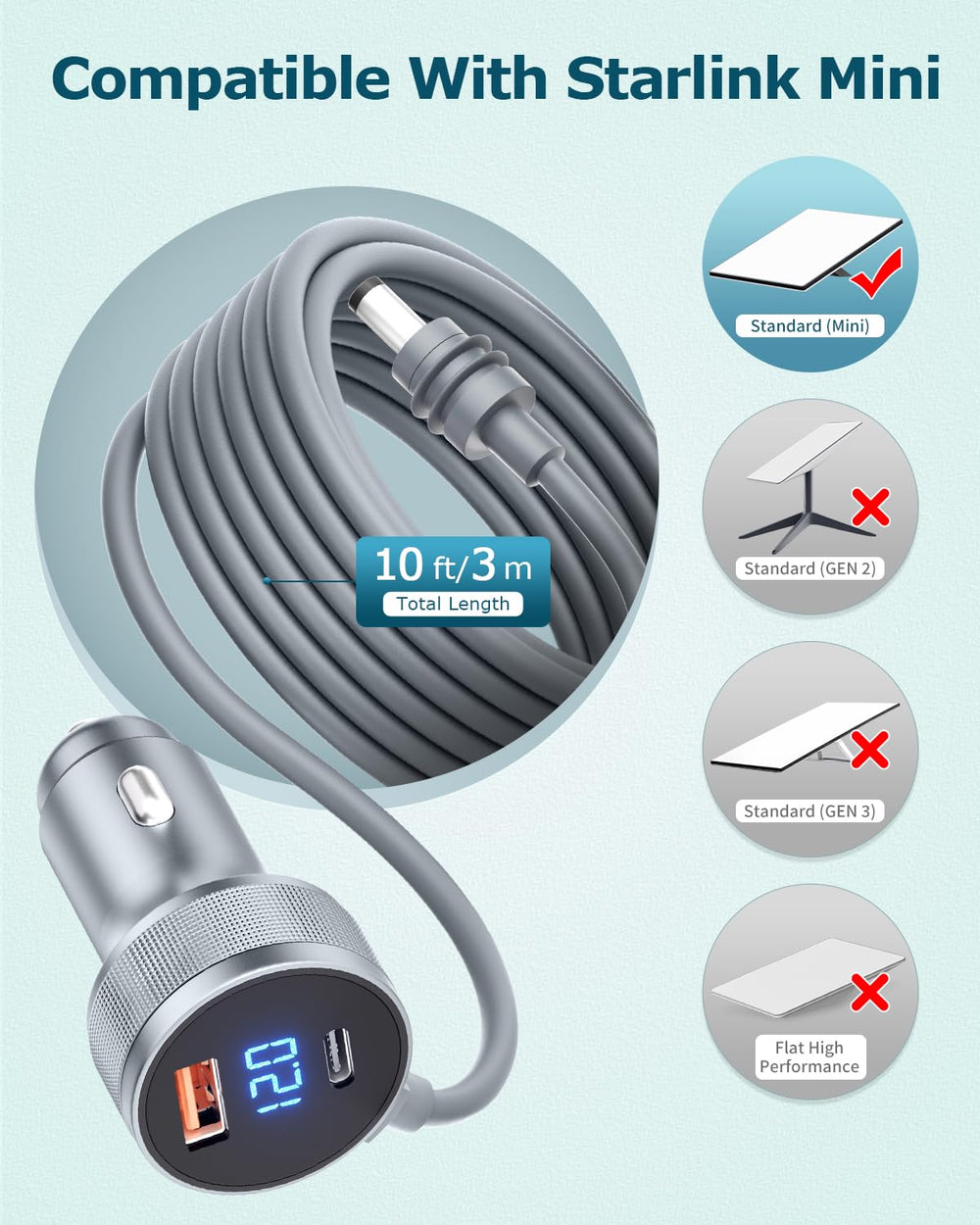 Gunovy 10 ft cigarette-lighter cable for outdoor Starlink setup