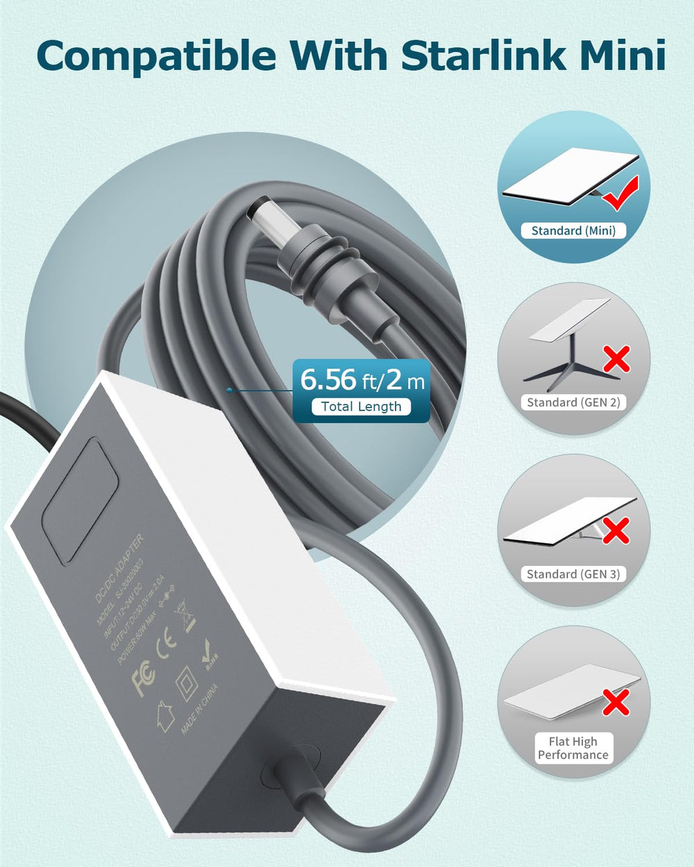 Gunovy Starlink Mini waterproof DC cable for outdoor setups.