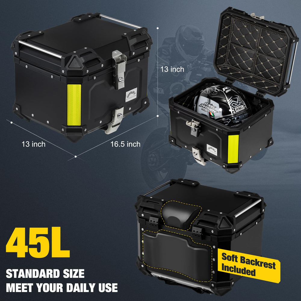 Gurblofy helmet fits inside the 45L top case for daily rides.