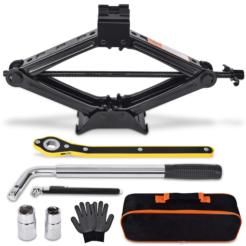 Gurduenon scissor jack 2t elevates a vehicle for tire replacement